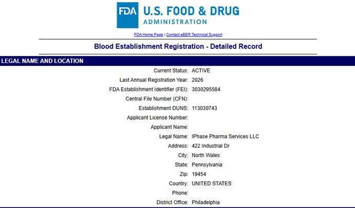 IPHASE Has Completed This Year&rsquo;s FDA Blood Establishment Registration!